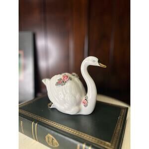 Dresden Porcelain Swan Planter with Pink Roses and Gold Accents Vintage Germany